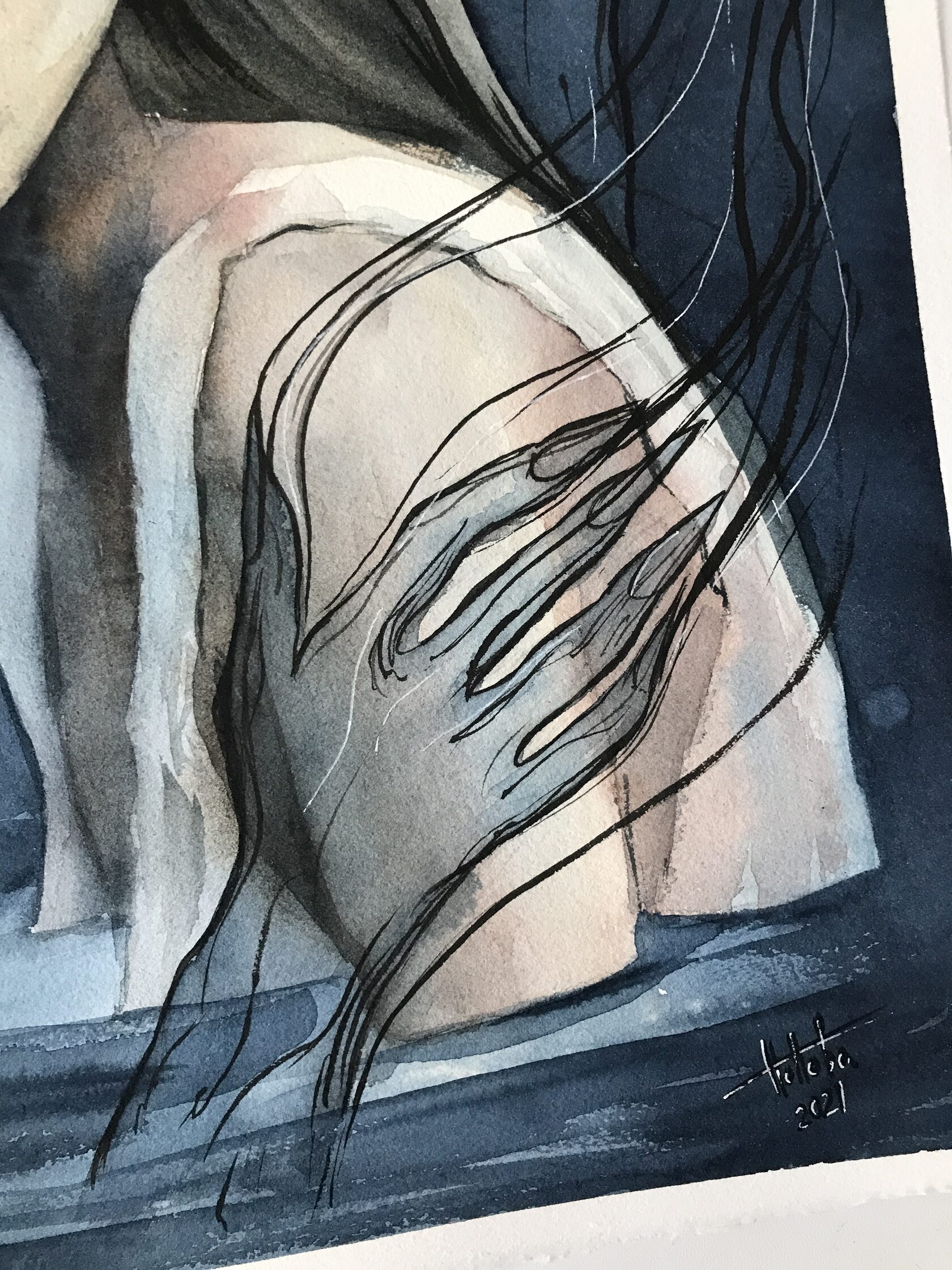 Anxiety, detail image 5, cotton paper, watercolor, ink, 31.5×40 cm, original work by YUNA / Yuliana Popova.