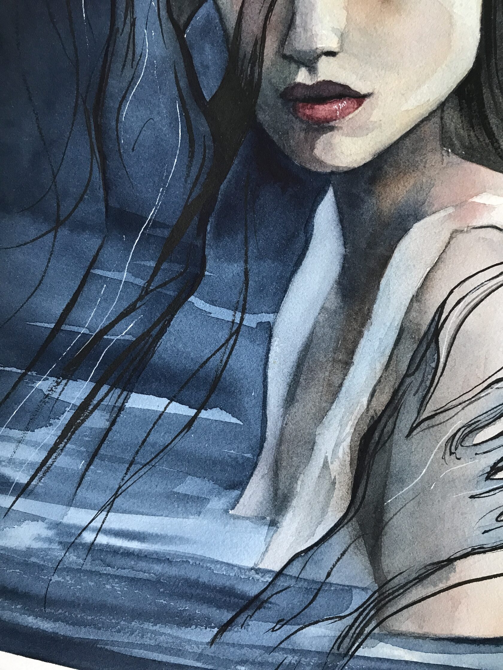 Anxiety, detail image 6, cotton paper, watercolor, ink, 31.5×40 cm, original work by YUNA / Yuliana Popova.