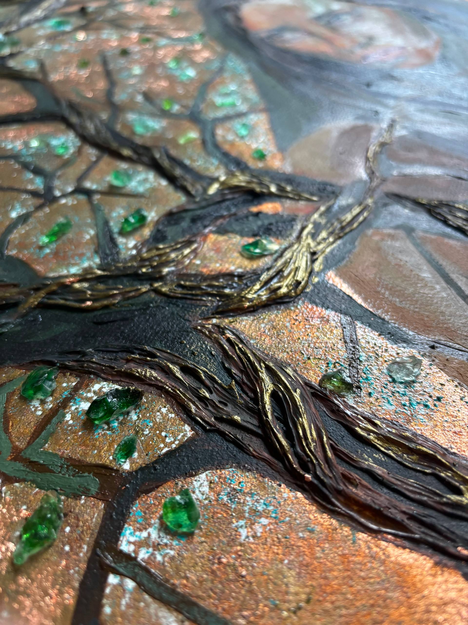 Fear, detail image 3, canvas, oil, texture paste, glass chips, gold leaf, 50×50 cm, original work by YUNA / Yuliana Popova.