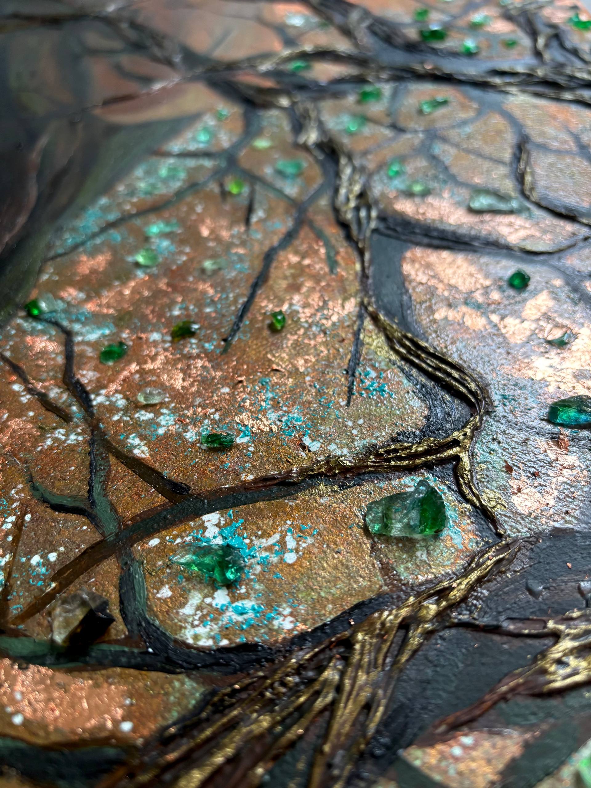Fear, detail image 7, canvas, oil, texture paste, glass chips, gold leaf, 50×50 cm, original work by YUNA / Yuliana Popova.