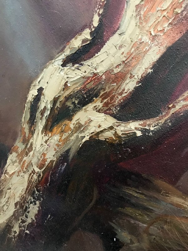 Rooted, detail image 4, canvas, acrylic, oil, texture paste, silver leaf, 50×75 cm, original work by YUNA / Yuliana Popova.