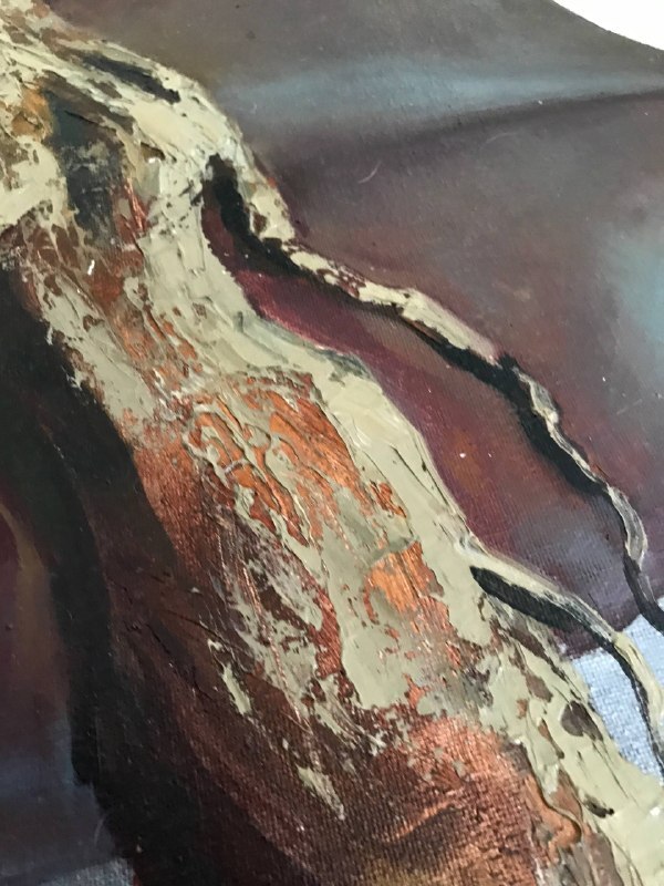 Rooted, detail image 5, canvas, acrylic, oil, texture paste, silver leaf, 50×75 cm, original work by YUNA / Yuliana Popova.