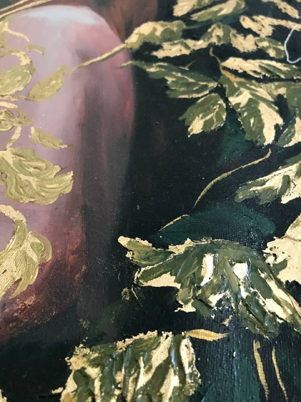 Soft Fire, detail image 4, canvas, acrylic, oil, texture paste, gold leaf, 50×60 cm, original work by YUNA / Yuliana Popova.
