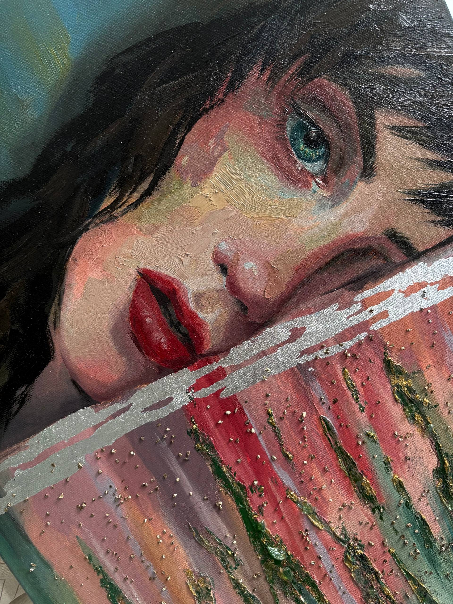 The Pond of Tears, detail image 1, canvas, oil, texture paste, glass chips, silver leaf, 40×80 cm, original work by YUNA / Yuliana Popova.