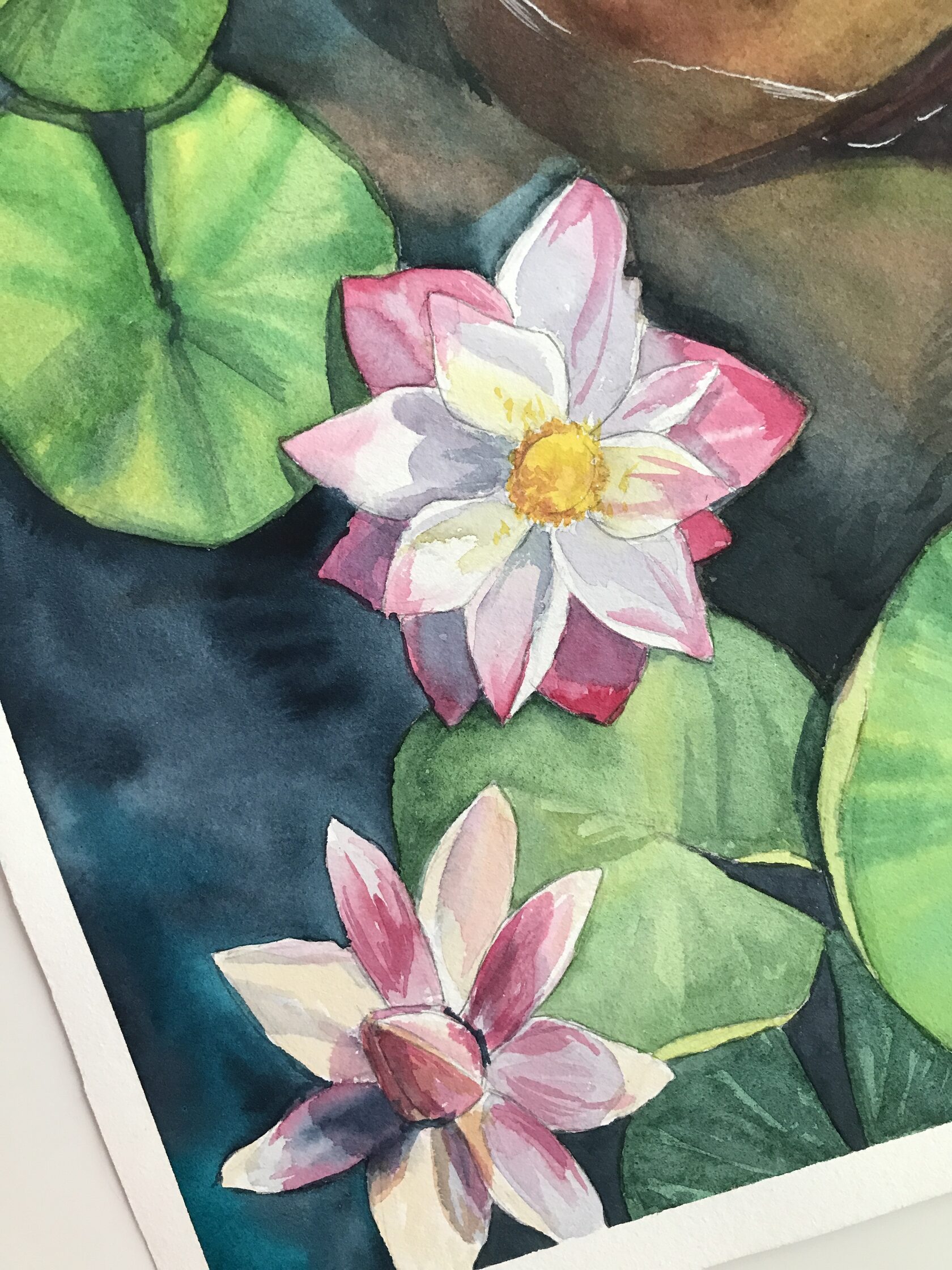 Water Lilies, detail image 4, cotton paper, watercolor, 36×45.5 cm, original work by YUNA / Yuliana Popova.