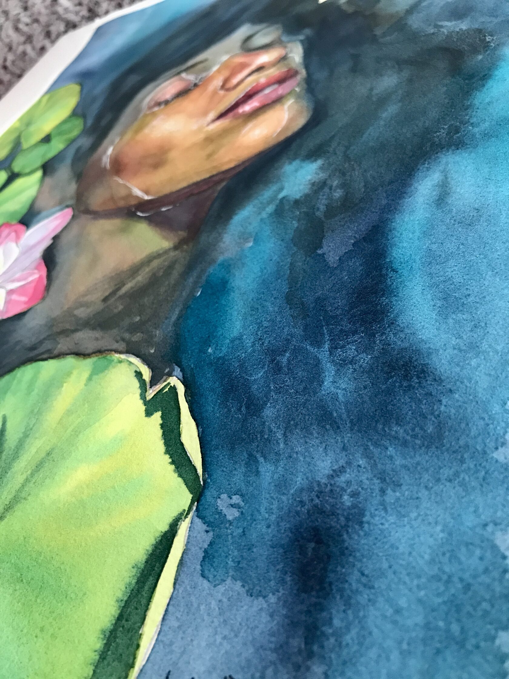 Water Lilies, detail image 5, cotton paper, watercolor, 36×45.5 cm, original work by YUNA / Yuliana Popova.