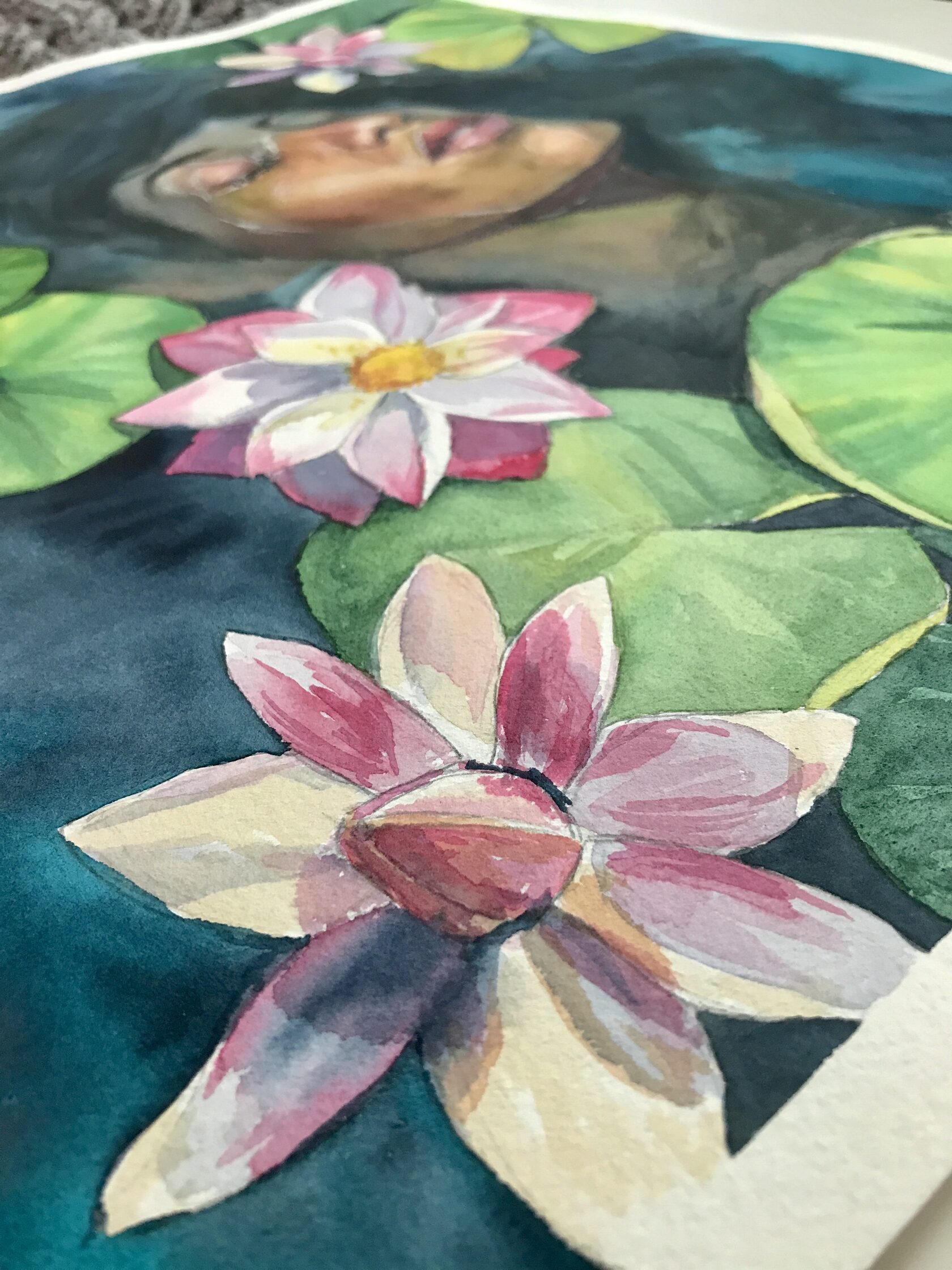 Water Lilies, detail image 6, cotton paper, watercolor, 36×45.5 cm, original work by YUNA / Yuliana Popova.