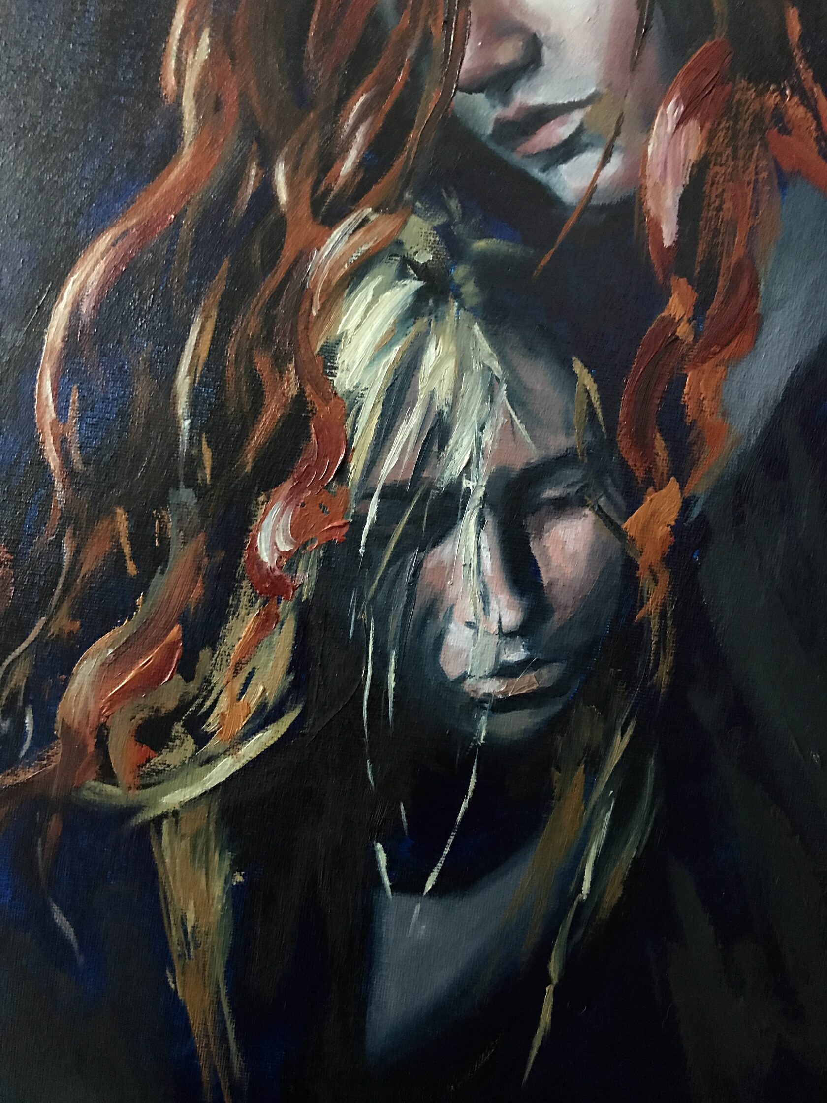 You Are Safe, detail image 4, canvas board, acrylic, oil, 40×50 cm, original work by YUNA / Yuliana Popova.