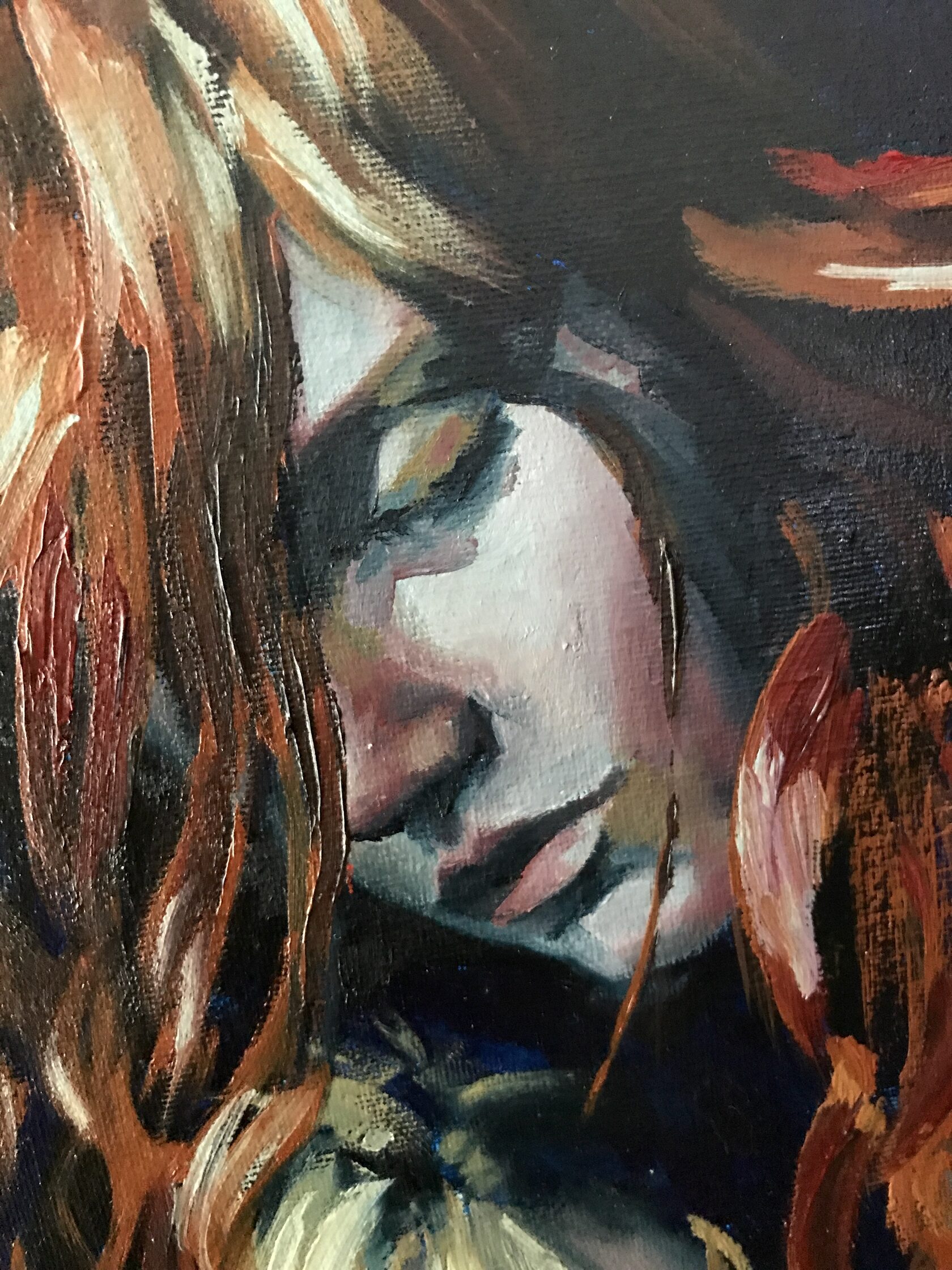 You Are Safe, detail image 6, canvas board, acrylic, oil, 40×50 cm, original work by YUNA / Yuliana Popova.